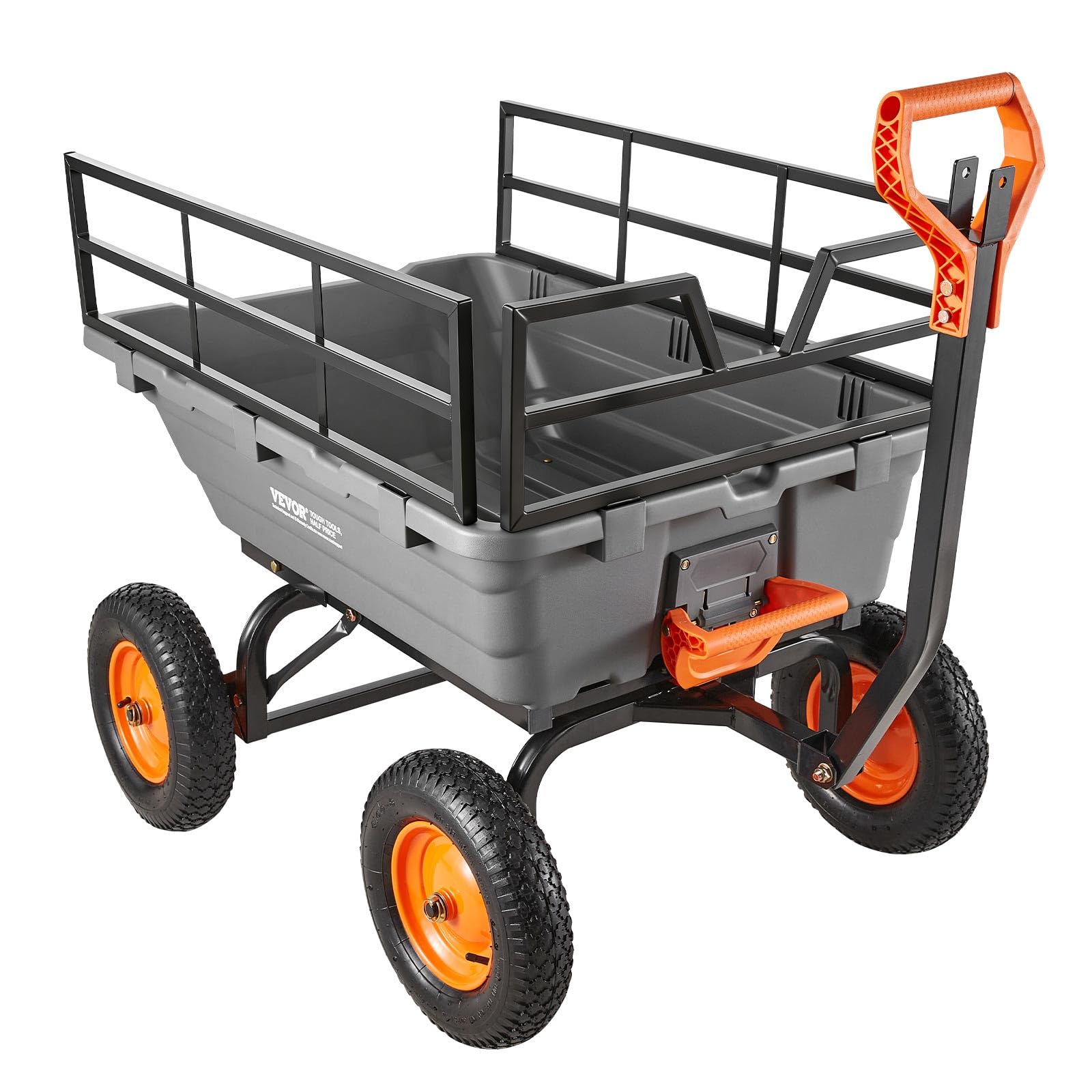 VEVOR Chariot de Jardin Basculant 680 kg Chariot à Benne Basculante Polypropylène pour Transport Plante Terre Récolte, avec Ridelle Amovible, Basculement 90°, Poignée 2 en 1, Essieu Directionnel 270°
