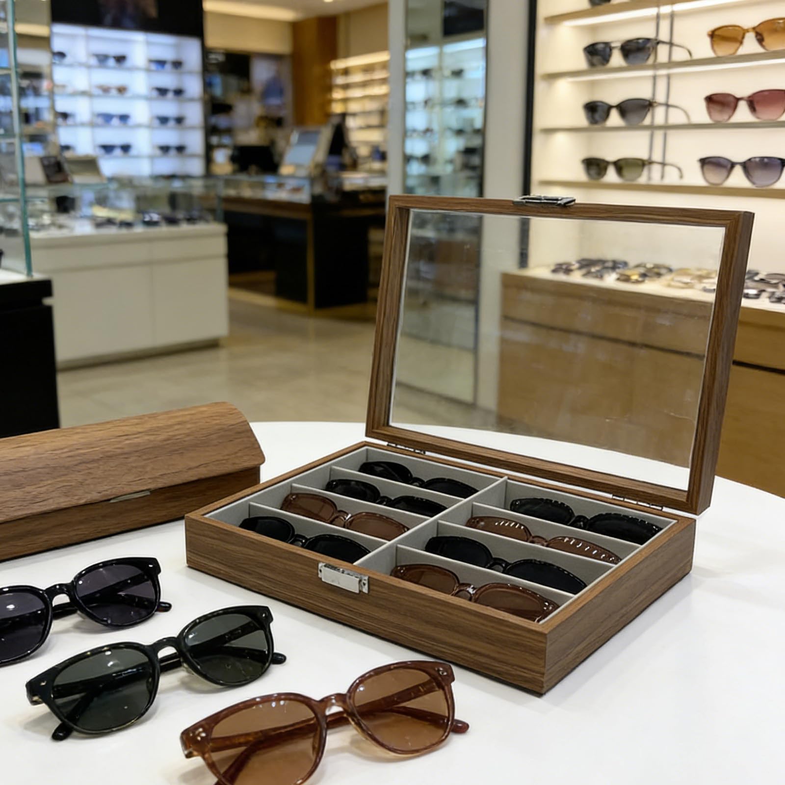 Funktionaler Sonnenbrillen-Organizer mit 8 Schlitzen aus Holz mit grauem Filzfutter, transparente Abdeckung für elegantes Display, Schnellzugriff-Organizer