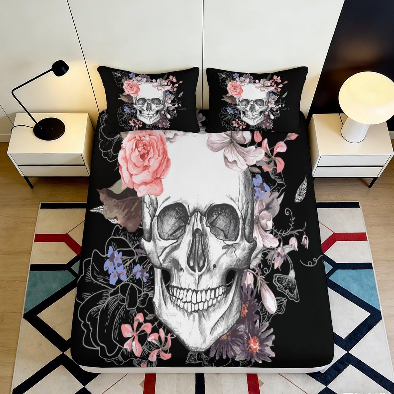 3D Printed Skull Floral Fitted Sheet Microfiber Non-Slip Deep Pocket Skull Mattress Fitted Cover for Adults Bedroom 140x200x25cm