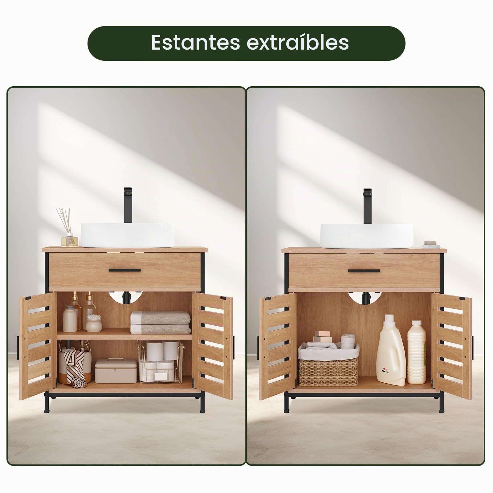 EUGAD Armario Bajo Lavabo, Mueble de Baño con Cajón y Puertas de Rejillas, con Recorte Sifón y Estante Ajustable, 60x30x60 cm, Roble Claro