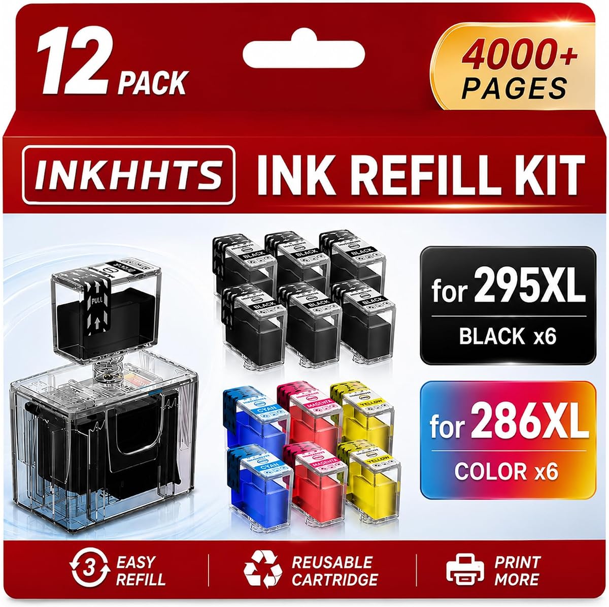 Kit de recarga de tinta PG-295XL CL-286XL Compatible con Canon PG-295 CL-286 | Compatible con cartuchos de tinta PG-295 XL CL-286 XL 295 286 compatibles con impresoras Pixma TS4320 TS6520 TR7120, paquete de 12
