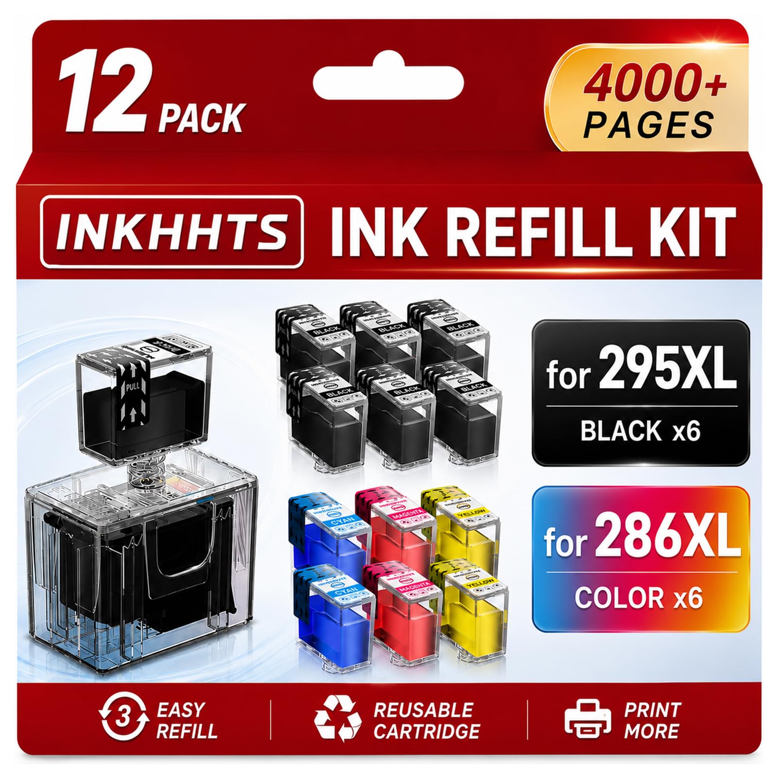Photo 1 of INKHHTS PG-295XL CL-286XL Ink Refill Kit Compatible for Canon PG-295 CL-286 PG-295XL CL-286XL 295XL 286XL Ink Cartridges Compatible with Pixma TS4320 TS6520 TR7120 Printers (12 Pack, 6BK/2C/2M/2Y)