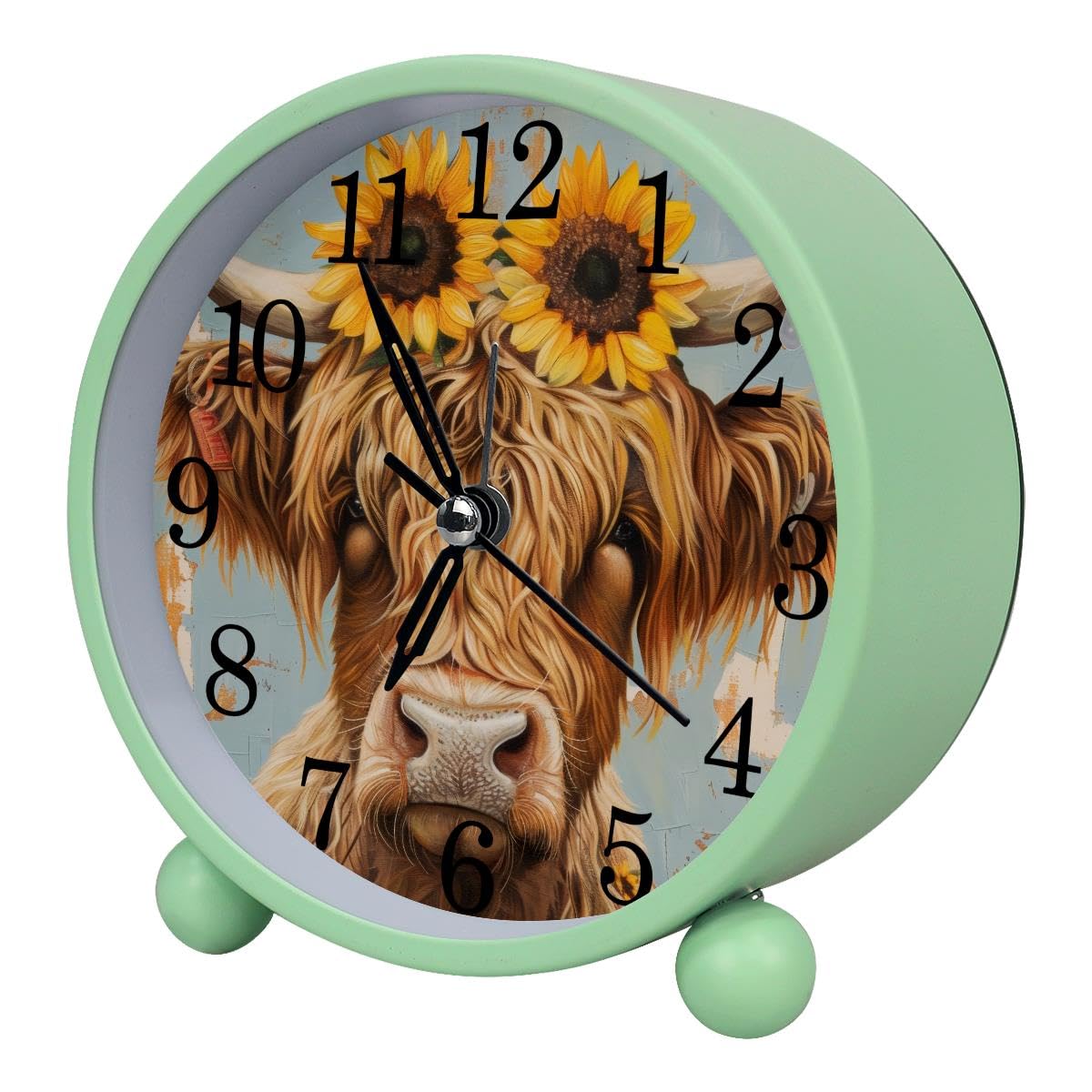 Alarm Clock Highland Cow Sunflower, Silent Non-Ticking with Night Light