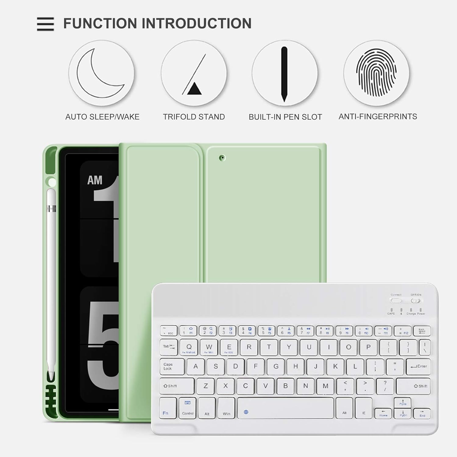 aoub Case for iPad 6th/5th Generation 9.7 inch, iPad Air 2, iPad Air, Stand Folio Detachable Wireless Bluetooth Keyboard Cover Soft TPU Back Case with Pencil Holder , Light Green