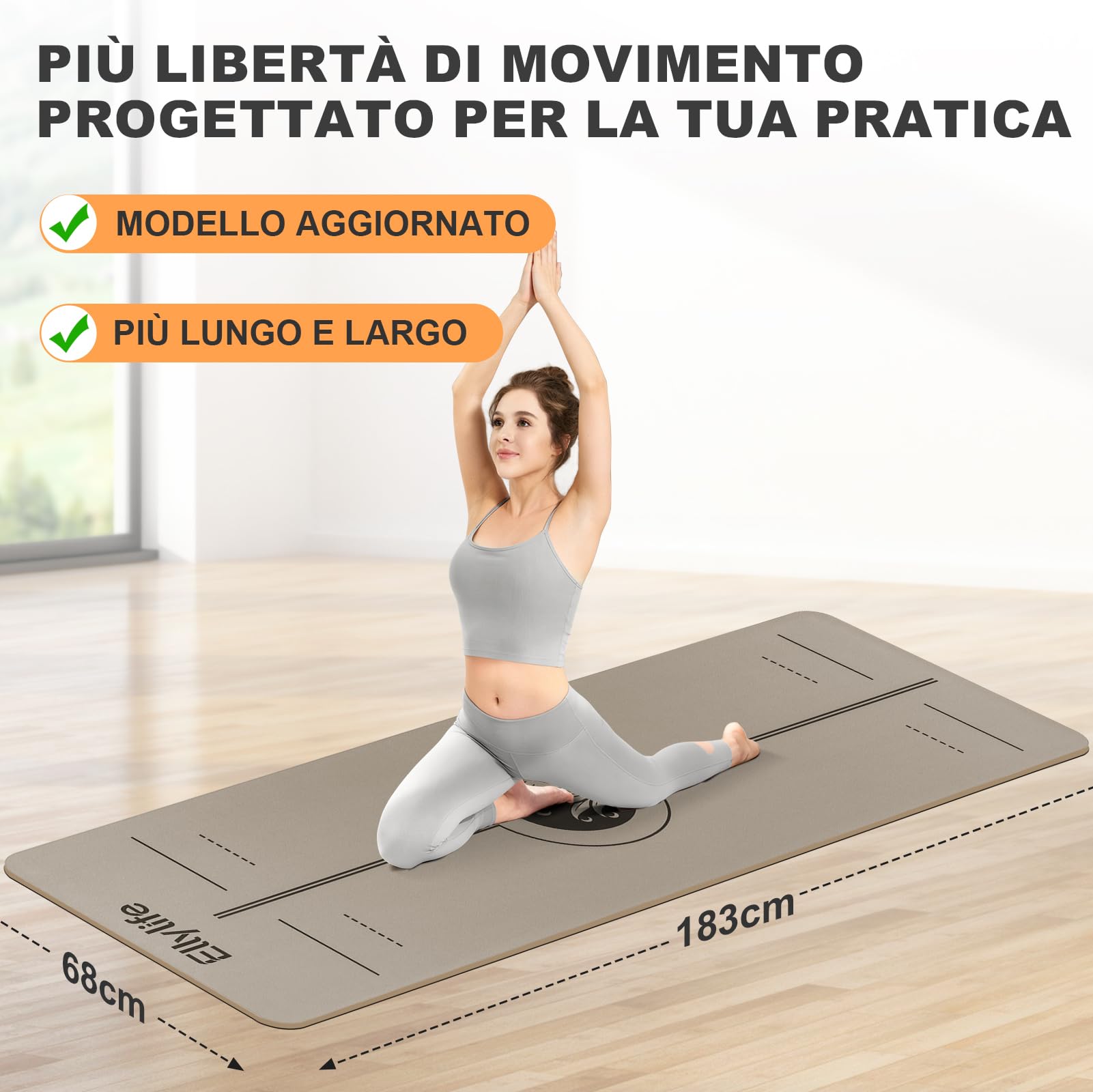 Tappetino Yoga Antiscivolo Spesso, con segni di allineamento del corpo, Gomma naturale + TPE ecologico o PU, Delicato sulla pelle, Forte presa, con Cinghia, per Yoga, Pilates e Fitness