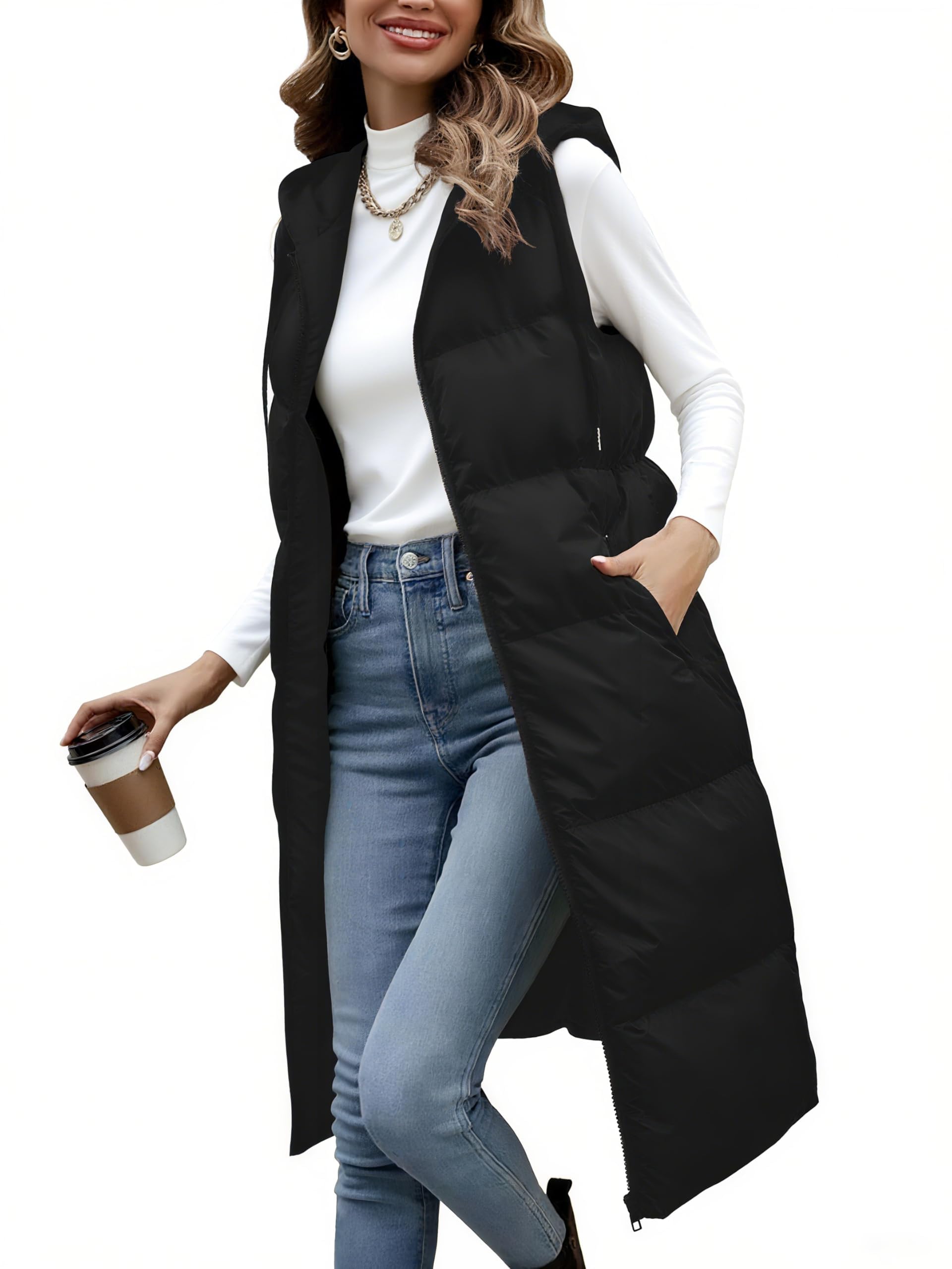 Fengbay Chaleco Largo Acolchado para Mujer, Chaleco Sin Mangas con Capucha Ajustable, Relleno de Plumón Ligero, Abrigo Invierno con Bolsillos, Cálido y Elegante para Calle, Viaje y Exterior