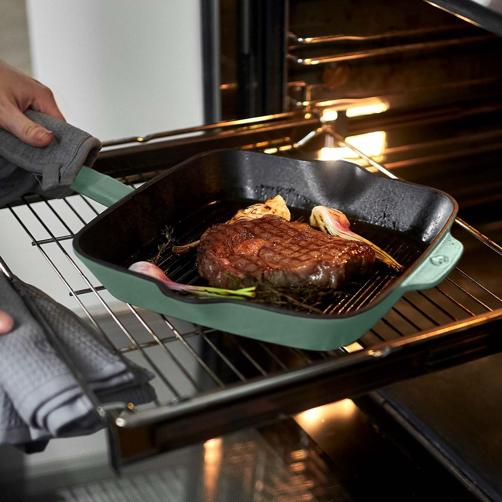 SPRINGLANE Sartén parilla cuadrada de hierro fundido, sartén plancha con rayas para asar - 20 x 20 cm Superficie de fritura - Verde