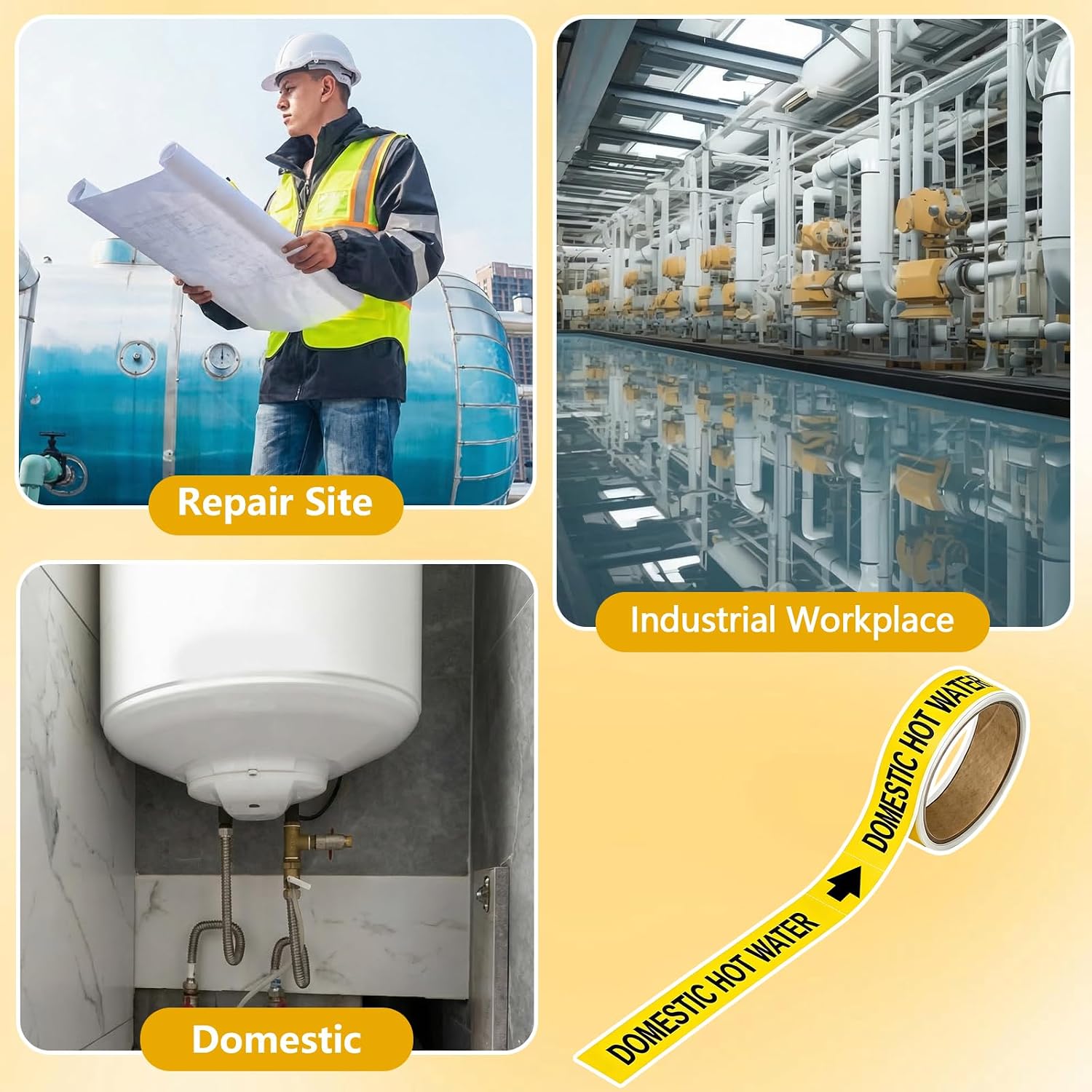 1 Roll Domestic Hot Water Label - 1" Height x 8" Width Pipe Markers, Self-Sticking - Plastic Film(Yellow)