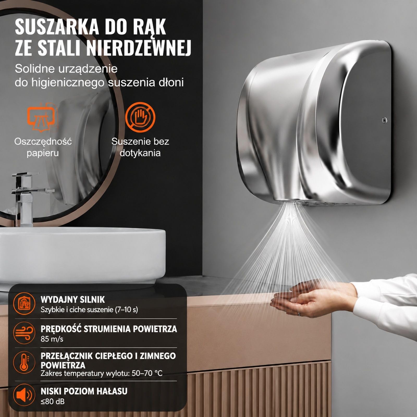 Elektryczna suszarka do rąk 1300 W ze stali nierdzewnej 304, czujnik podczerwieni, montaż ścienny do toalety i kuchni