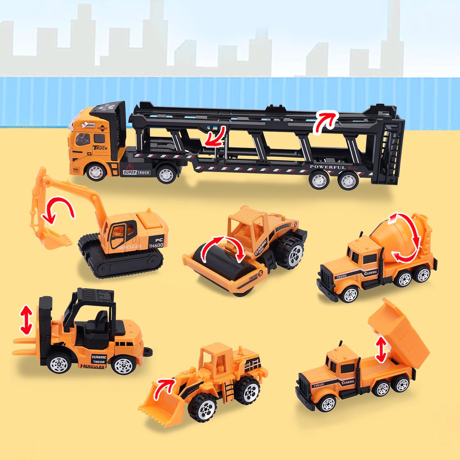 VBACALA Auto Trasportatore Giocattolo 7 Pezzi Set-Mini Cantiere Veicoli Camion, Diecast Tirare Indietro Auto in Metallo, Escavatore Giocattolo per Bambini 3+ Anni,Giocattoli Educativi