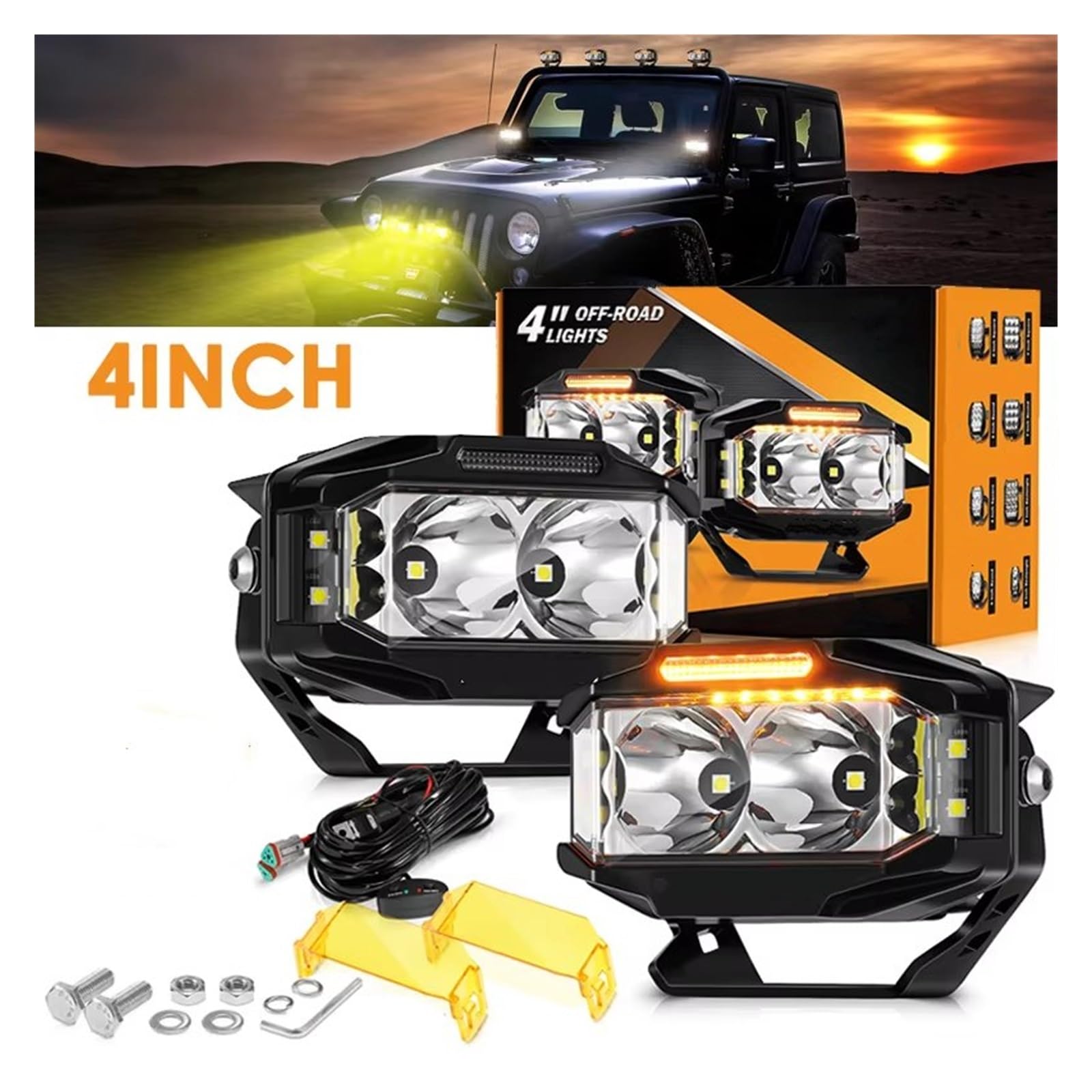 Fari Anteriori Il Baccello Rettangolare Combinato Dello Sparatutto LED Del Fascio Di 72W 6960LM Si Accende Con Le Luci Ambrate Lavoro DRL A 4 Pollici