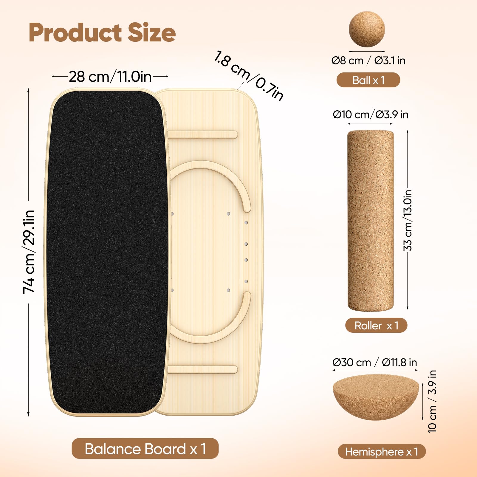 8-in-1 Balance Board Erwachsene,Holz Balance Board Set Mit Korkrolle,Kork Halbkugel und Woodball,Balance-Trainer mit rutschfester Oberflächenbehandlung