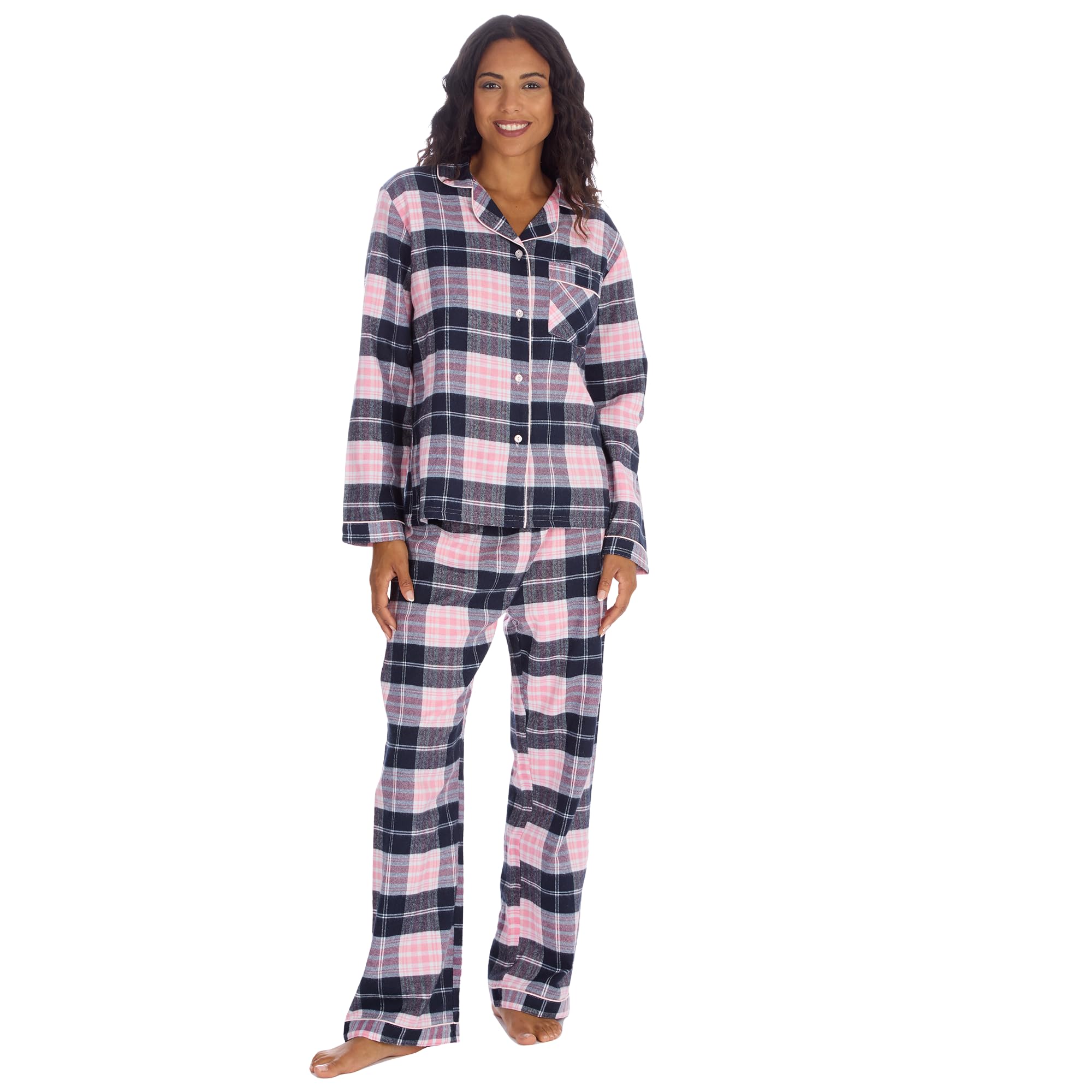 Metzuyan WS-AW25 Womens Longline Checked Pyjama Set Brushed Cotton Blend Flannel Long Sleeve Pyjamas Navy Size Large