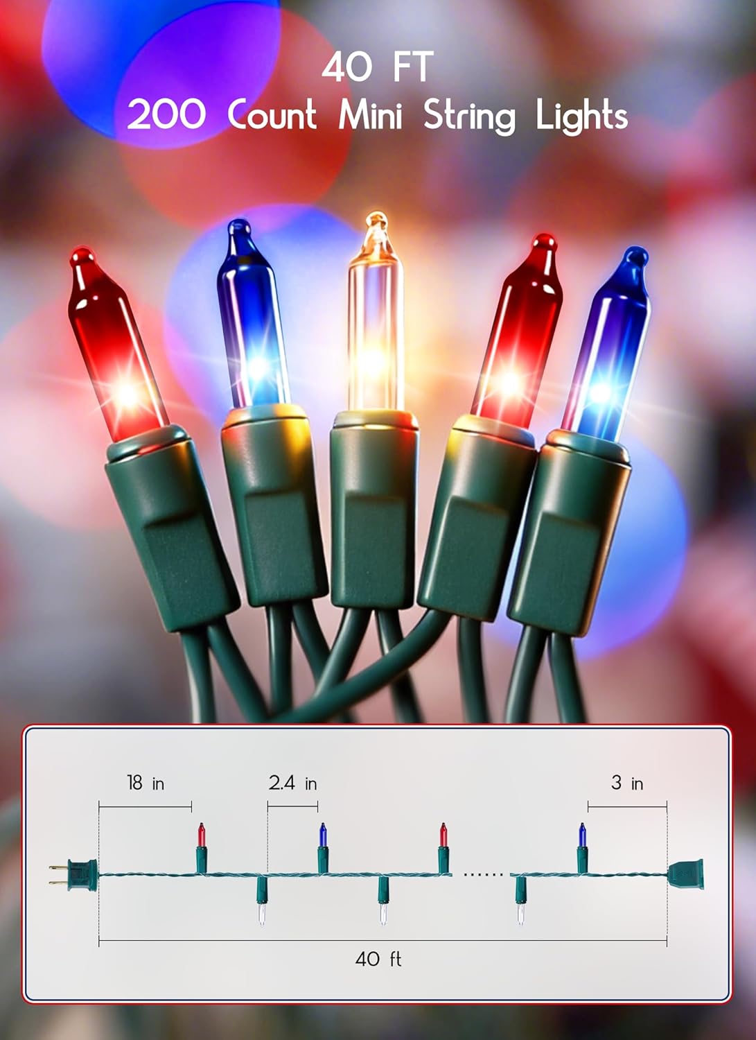 4th of July Decoration Patriotic Mini String Lights - 200 Count 40 Feet Red White Blue Christmas Lights Green Wire Waterproof for Indoor Outdoor Xmas Holiday Party Patio Independence Day Decoration