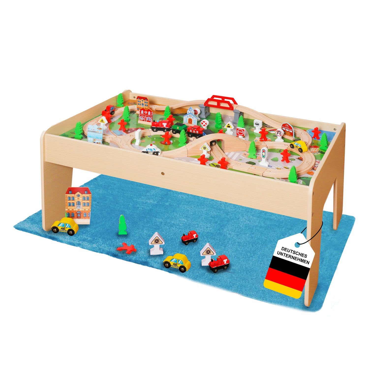 Coemo Spieltisch inkl. Set 90-TLG. Holzeisenbahn, Natur, Motorikspielzeug | Mit umkehrbarer, abnehmbarer Tischplatte, Gleise, Zug, Geschenk für Kleinkinder, Jungen und Mädchen ab 3 Jahren