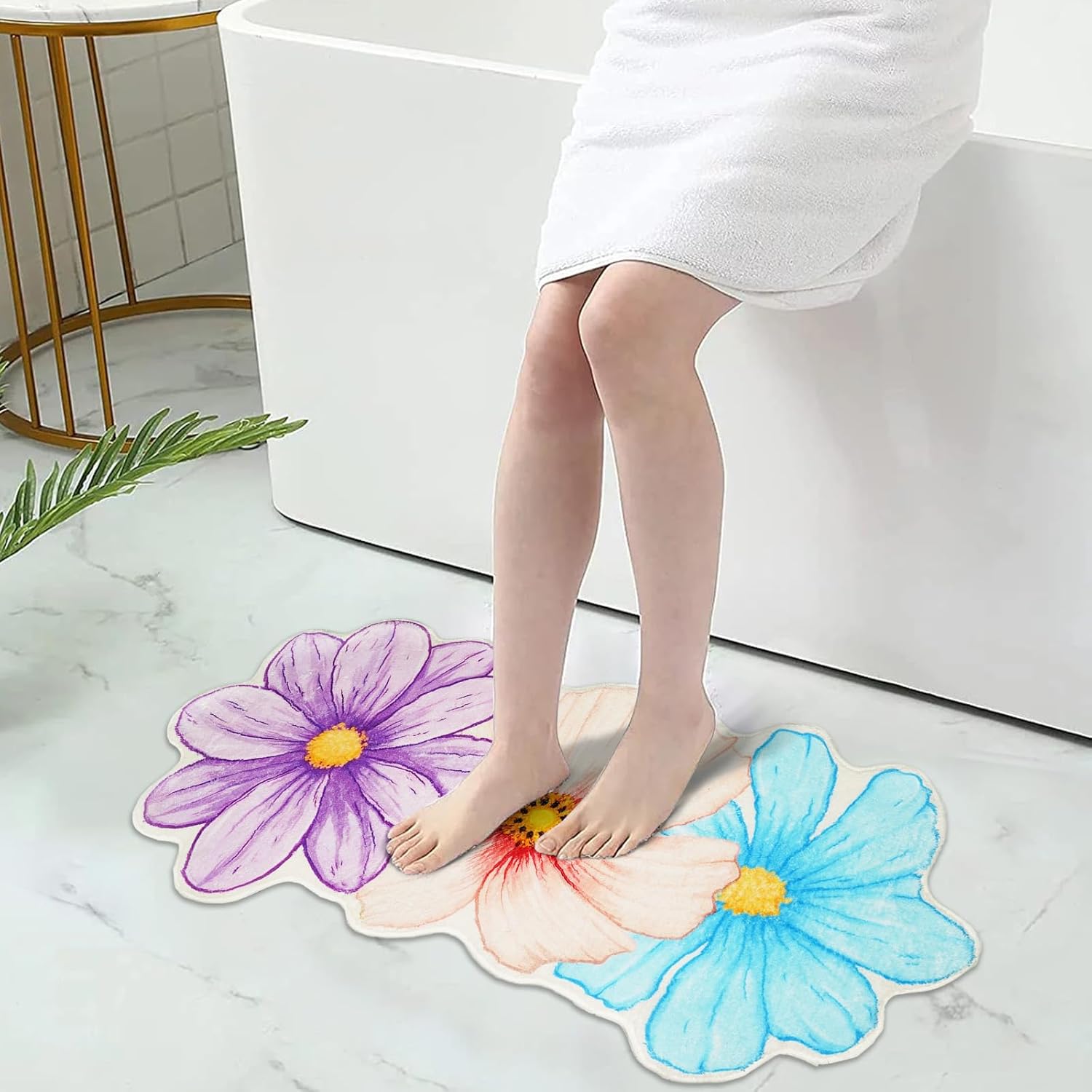 Spring Bathroom Rugs Flowers Bath Mat, Non-Slip Farmhouse Spring Flowers Bathroom Doormat Shower Bath Rugs for Spring Home Decorations