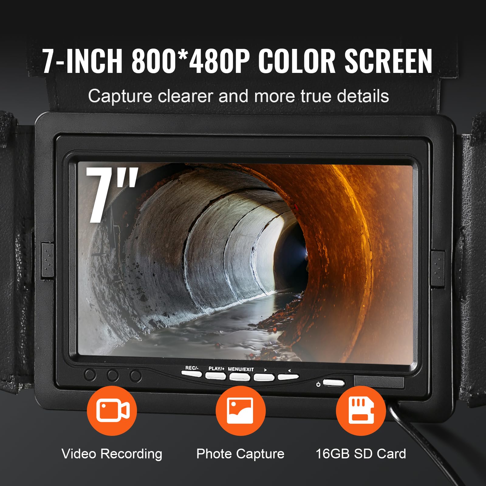 VEVOR Telecamera per Ispezione Tubi 50 m Endoscopio per Scarichi con Schermo da 7'', Funzione DVR, Impermeabile IP68, 12 LED Orientabili, Scheda SD 16 GB, Cavo Semirigido per Condutture, Fognature