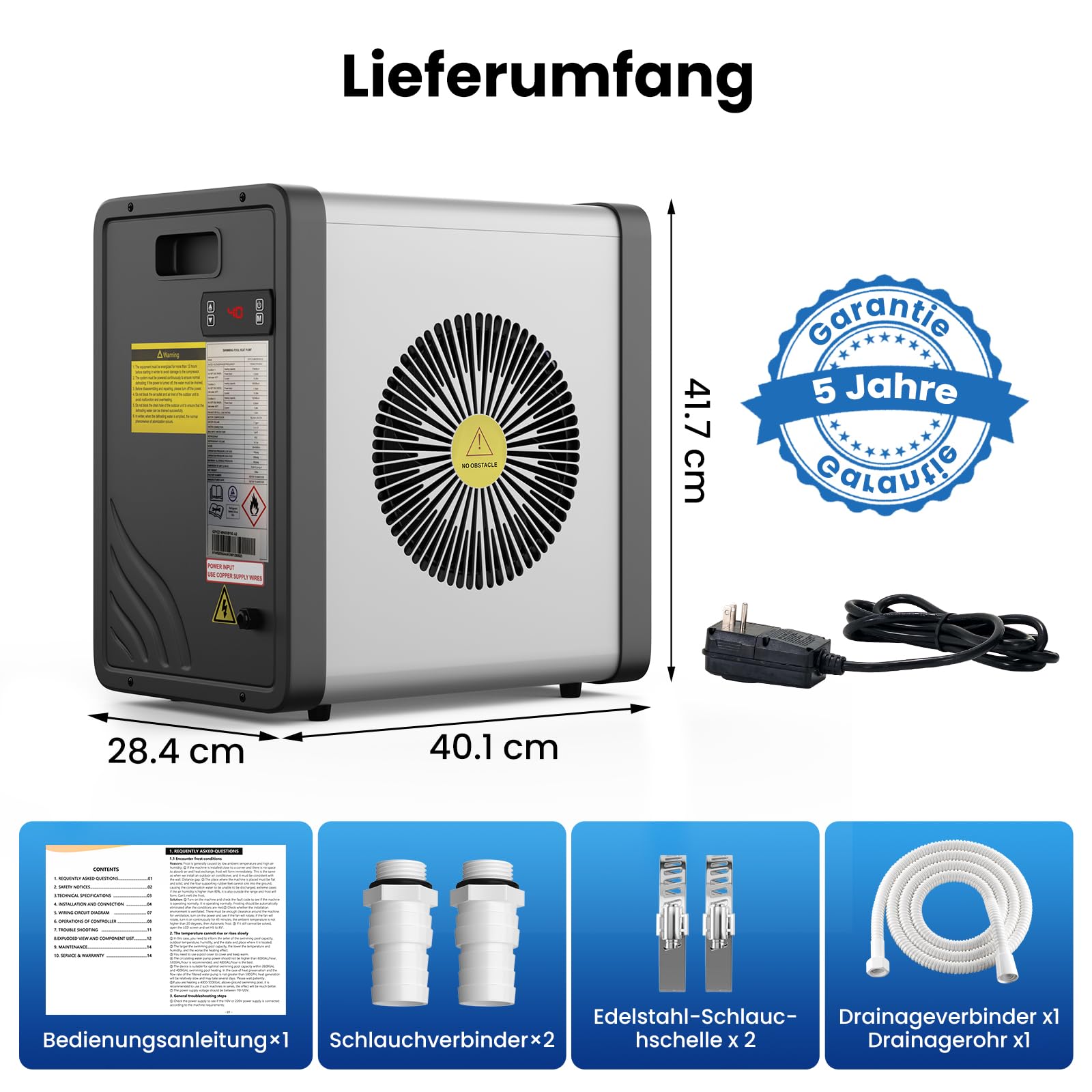 Mini-Wärmepumpe für Pools – 5 kW steckerfertig, leise (29–45 dB), COP 5,5, 220–240 V – Heizen & Kühlen für bis zu 20 m³ – verlängert die Badesaison um Monate
