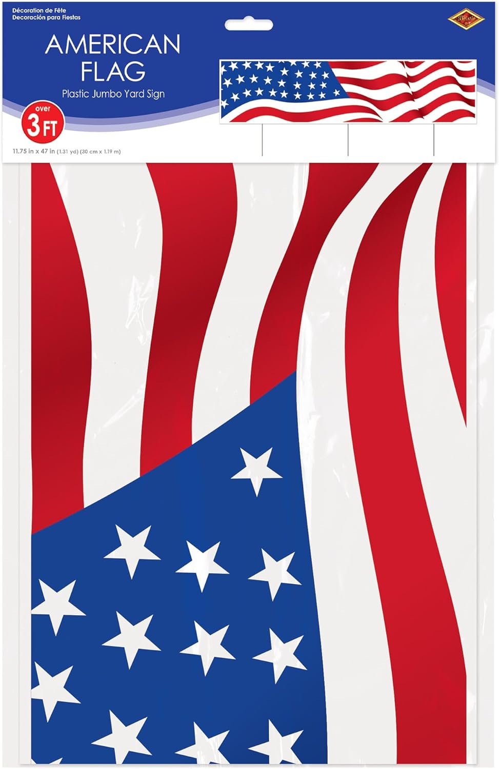 Beistle Jumbo American Flag Yard Sign – Large Outdoor Patriotic Lawn Display, Plastic Trifold Sign with Metal Stakes, All-Weather Fourth of July, Memorial Day & Americana Event Décor, 11¾" x 3' 11"