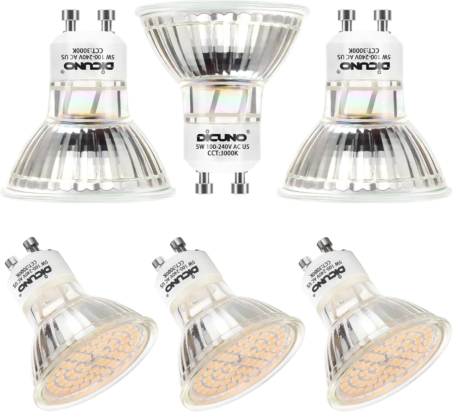 DiCUNO GU10 LED Bulbs 5W, Warm White 3000K, 50W Halogen Equivalent for Track Lighting, 500lm, 120 Degree Beam Angle, Non-dimmable MR16 GU10 LED Bulb, 6-Pack