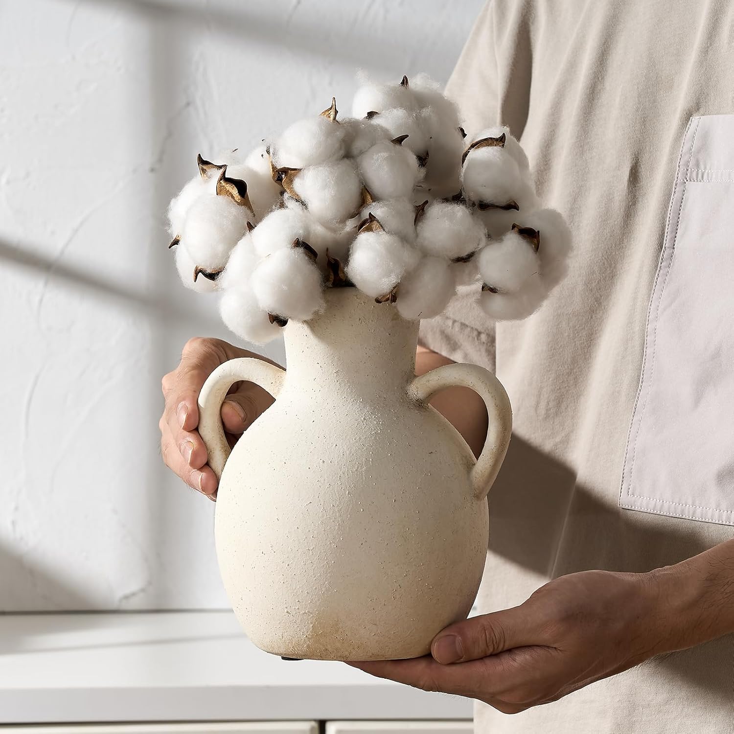 SIDUCAL Rustic Ceramic Farmhouse Flower Vase with 2 Handles, Terracotta Vase, Decorative Pottery Flower for Home Decor, Table, Wedding, Living Room, Shelf Decor, 7.3 Inch, White - Image 5