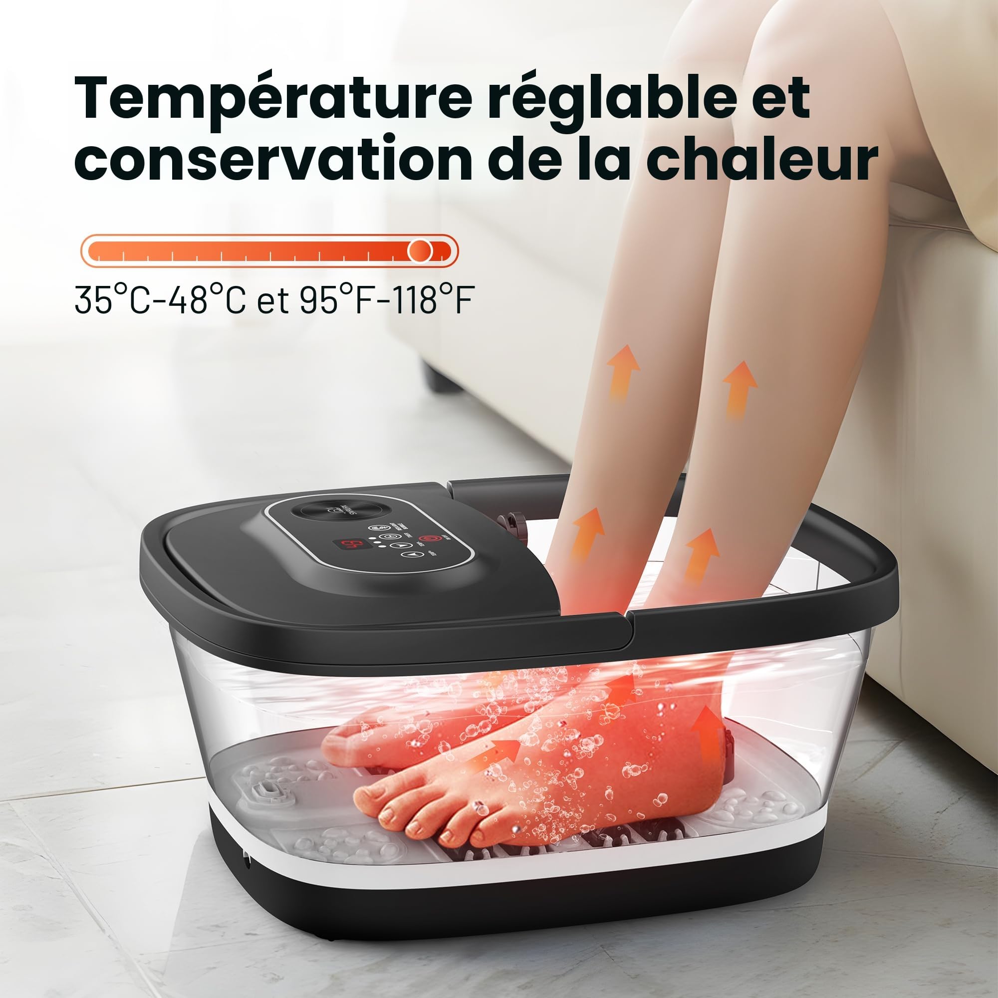 Snailax Bain de Pieds Pliable avec Chauffage et Massage, Spa Pour Pieds avec 14 Niveaux de Chauffage | Rouleaux Shiatsu | Bulles | Lumière Rouge | Minuterie, Massage Pieds Spa 35℃-48℃