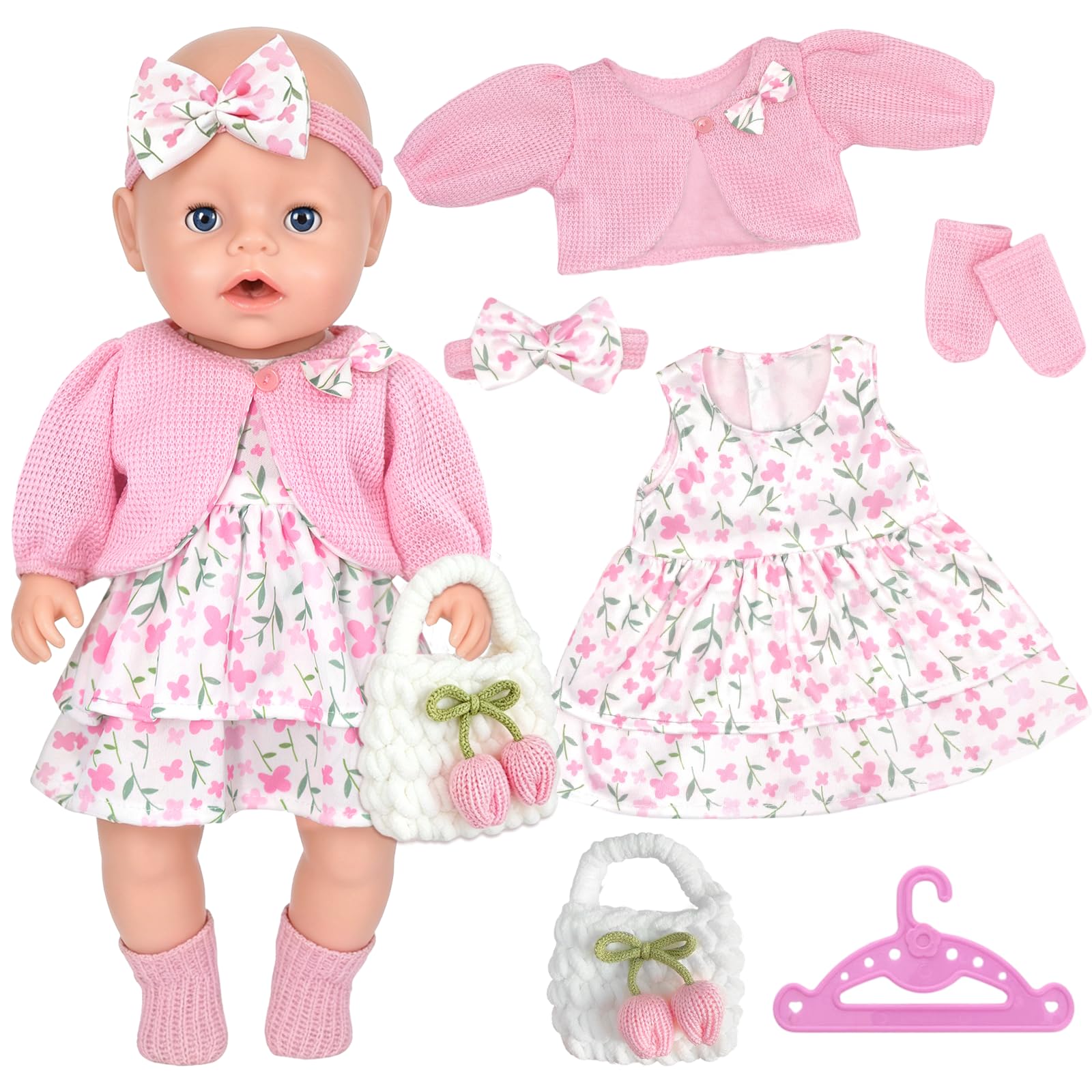 6 Pcs Baby Doll Clothes for 14-17 Inch Dolls, BabyDoll Dress for 35-45 cm Newborn Baby Dolls Clothes and Accessories with Sweet Floral Print Tulle Dress Jacket Headband Socks Hanger Bag Gifts Kids
