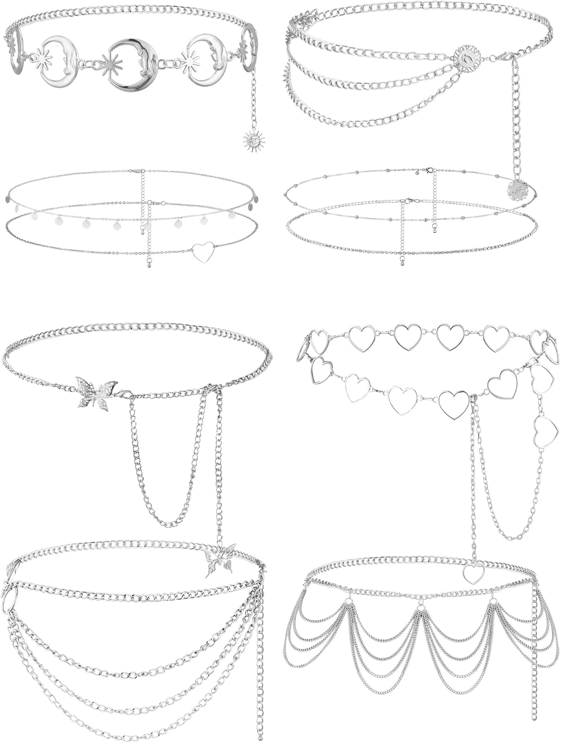 Equsion 10 Pcs Waist Belly Chain Belt for Women Jeans Pants Chain Boho Multilayer Long Summer Skinny Beach Belly Jewelry