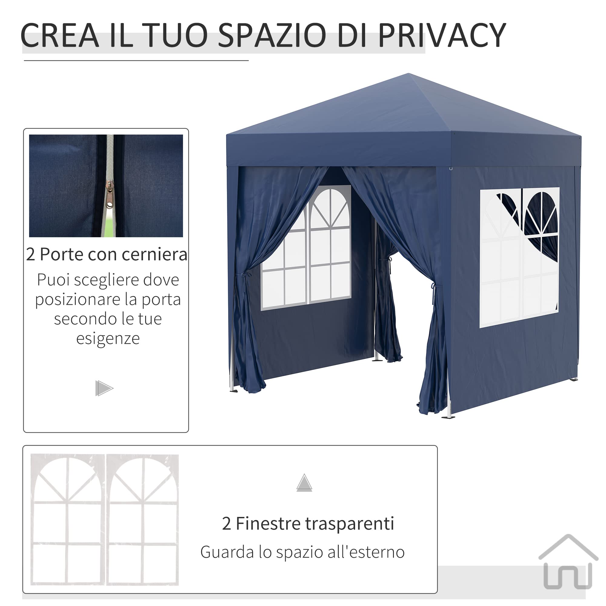 Outsunny Gazebo 2x2 m Pop-up Impermeabile con 4 Pareti Rimovibili, Gazebo Pieghevole in Metallo e Poliestere con Borsa da Trasporto, Blu