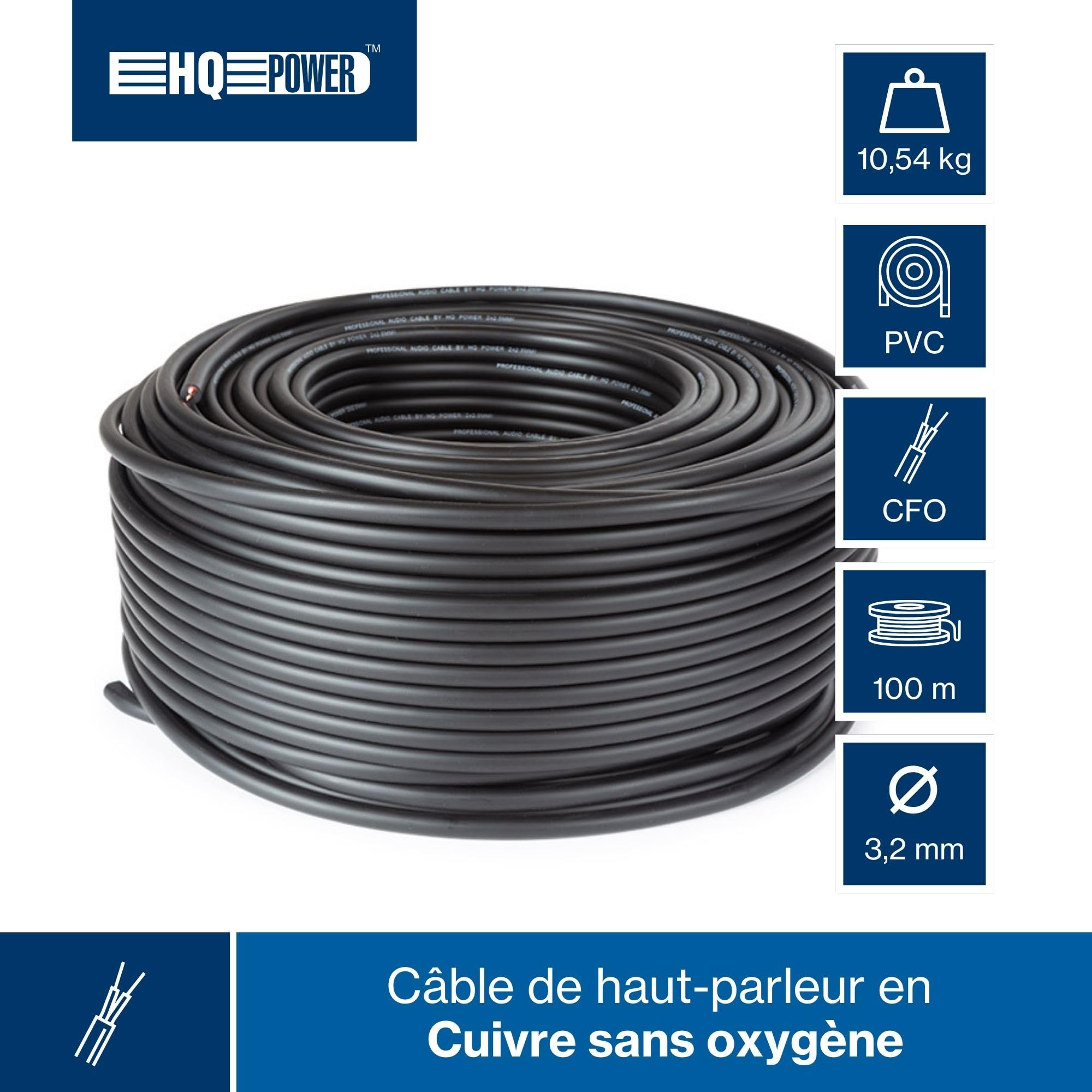 HQ-Power Câble haut-parleur 2x2.50mm², 100 mètres, noir, rouleau, cuivre OFC pur pour systèmes audio 100 V/PA, installation hi-fi, transmission sonore professionnelle de qualité