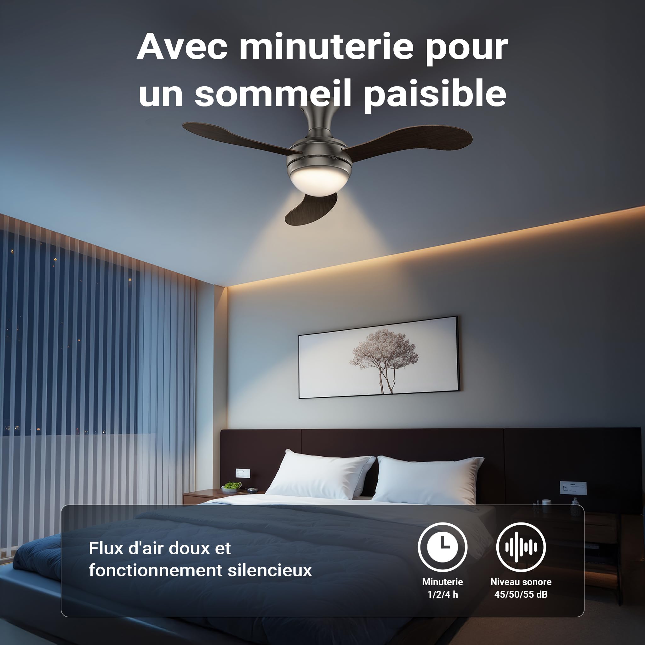 WilTec Ventilateur de Plafond Silencieux 55 W, Ø 130 cm, Max. 18 m², 3 pales, plafonnier intégré, brasseur d’air avec Lampe Lustre luminaire