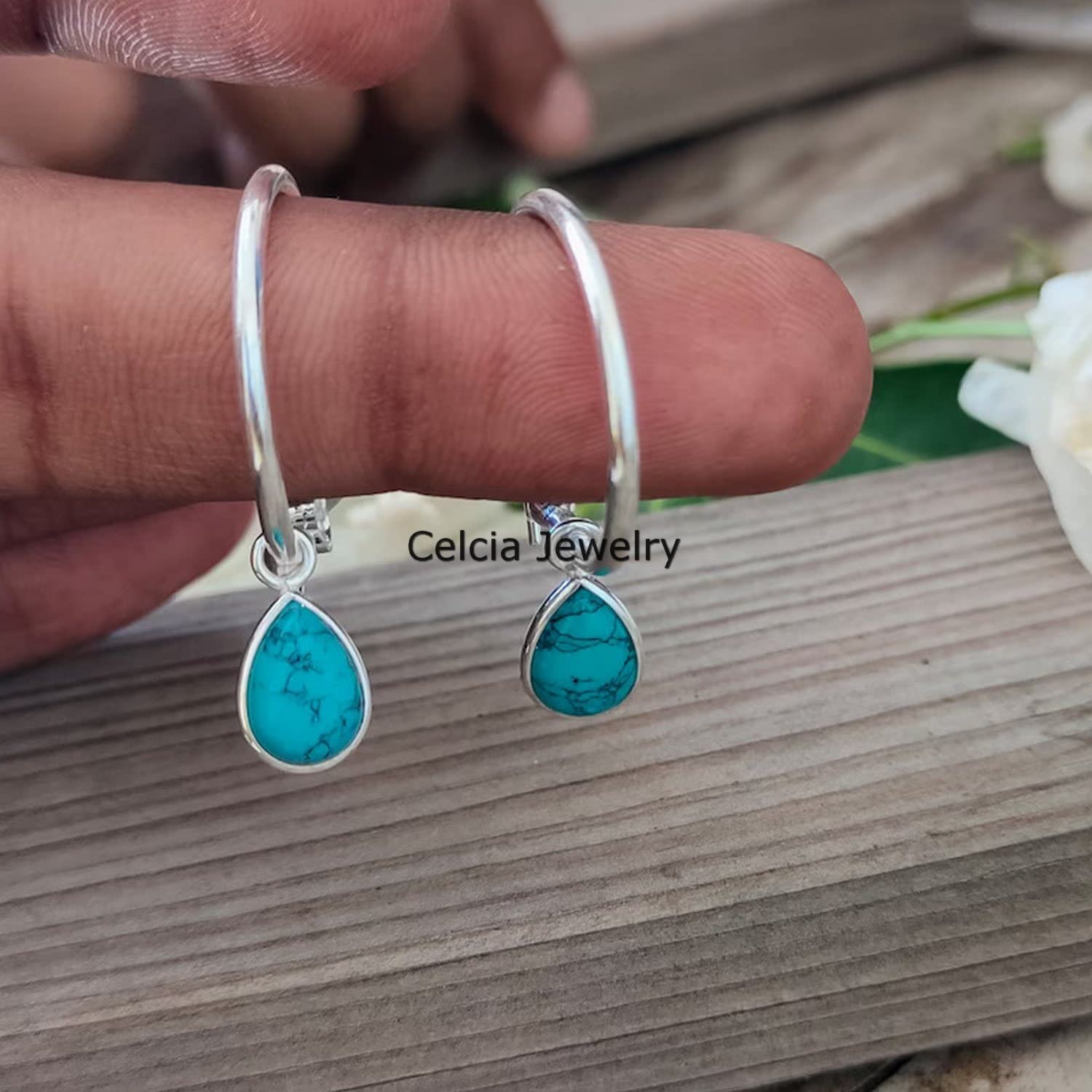 Pendientes de aro con forma de círculo de Plata de Ley 925 auténtica para mujer, piedra preciosa de pera turquesa Natural, joyería hermosa con piedra natal de diciembre