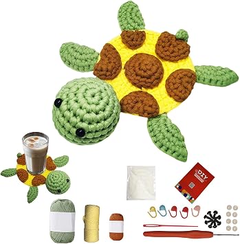 Crochet Kit for Beginners, Crochet Tortoise Coasters for Drinks, Complete Kids Crochet Kit for Beginners with E-Book & Video Tutorials Easy Crochet Starter Kit for Adults & Kids, Crochet Animals Kit