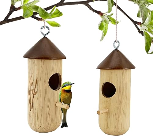 Casas de colibrí para colgar en el exterior, cabaña colgante de madera natural, nido de colibrí hecho a mano, pinzón grande para jardín, ventana,