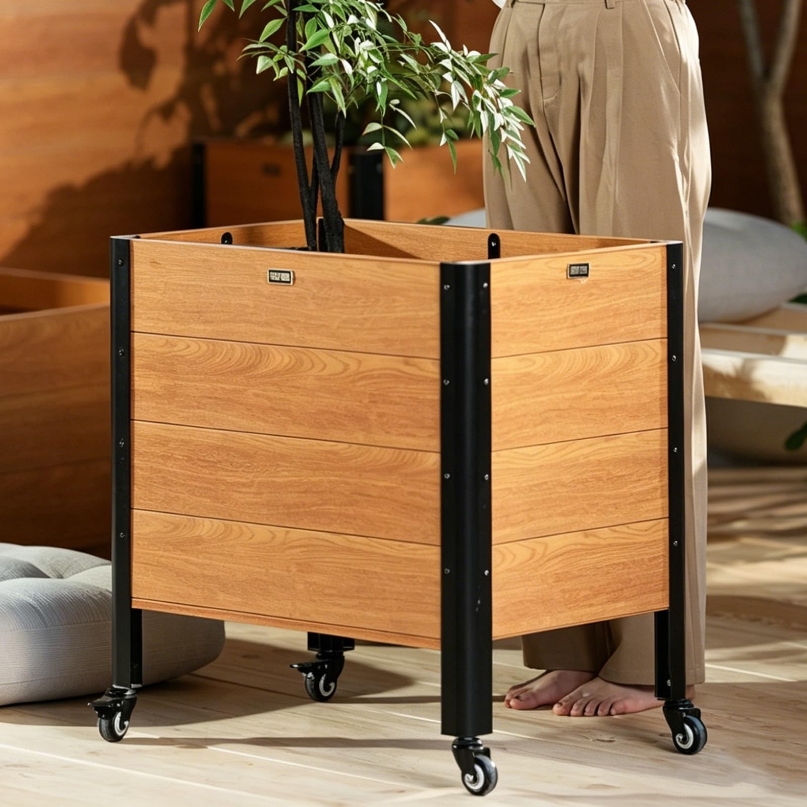Macetero de diseño premium en aluminio y metal imitación madera 120 cm