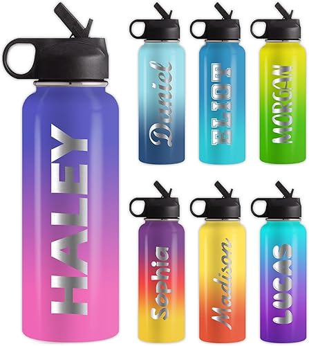 Botella de agua personalizada con texto, botella de agua colorida de acero inoxidable al vacío personalizada de 18 onzas 32 onzas para niños,