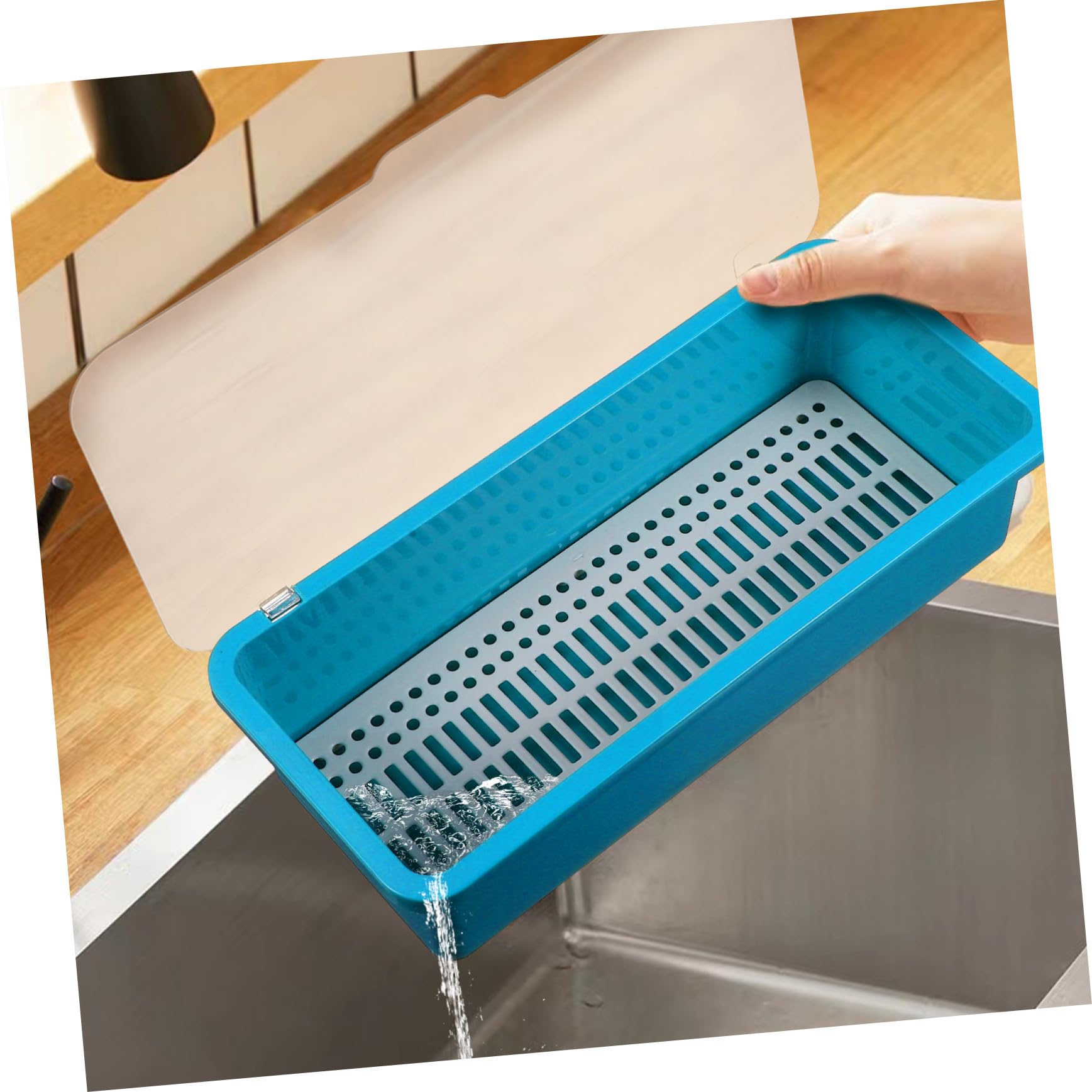 2 Piezas Organizador de Cubiertos con Tapa Bandeja Plástica para Utensilios Caja de Almacenamiento para Cocina de Azul con Drenaje para Secos los Cubiertos