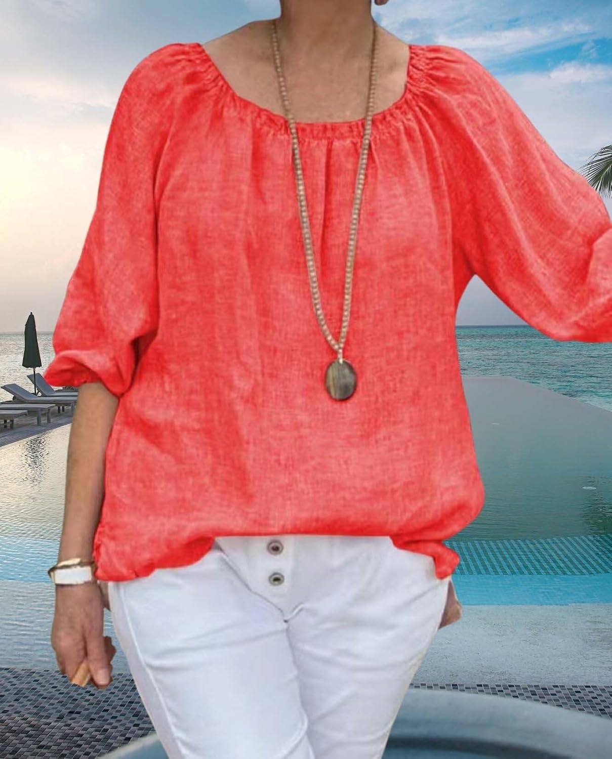 Summer Casual Womens Linen Shirt Round Neck Half Sleeve Linen Loose Pleated Tops Fashion Blouse T Shirt - Image 3