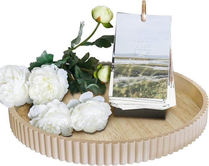 Round Decorative Tray for Coffee Table Decor, 11.8in Cream White Decorative Serving Tray for Kitchen Counter,bandejas decorativas, Wooden Serving Tray for Party