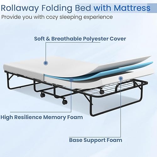 Miniatura 7 de Giantex Cama plegable con colchón para adultos, camas plegables de tamaño individual para invitados, cama plegable portátil que ahorra espacio con