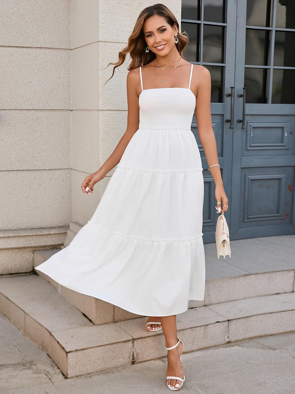 EYNMIN Women's Summer Midi Dress Casual Boho Beach Sundress Spaghetti Strap Sleeveless Smocked Flowy A-Line Dresses - Image 2