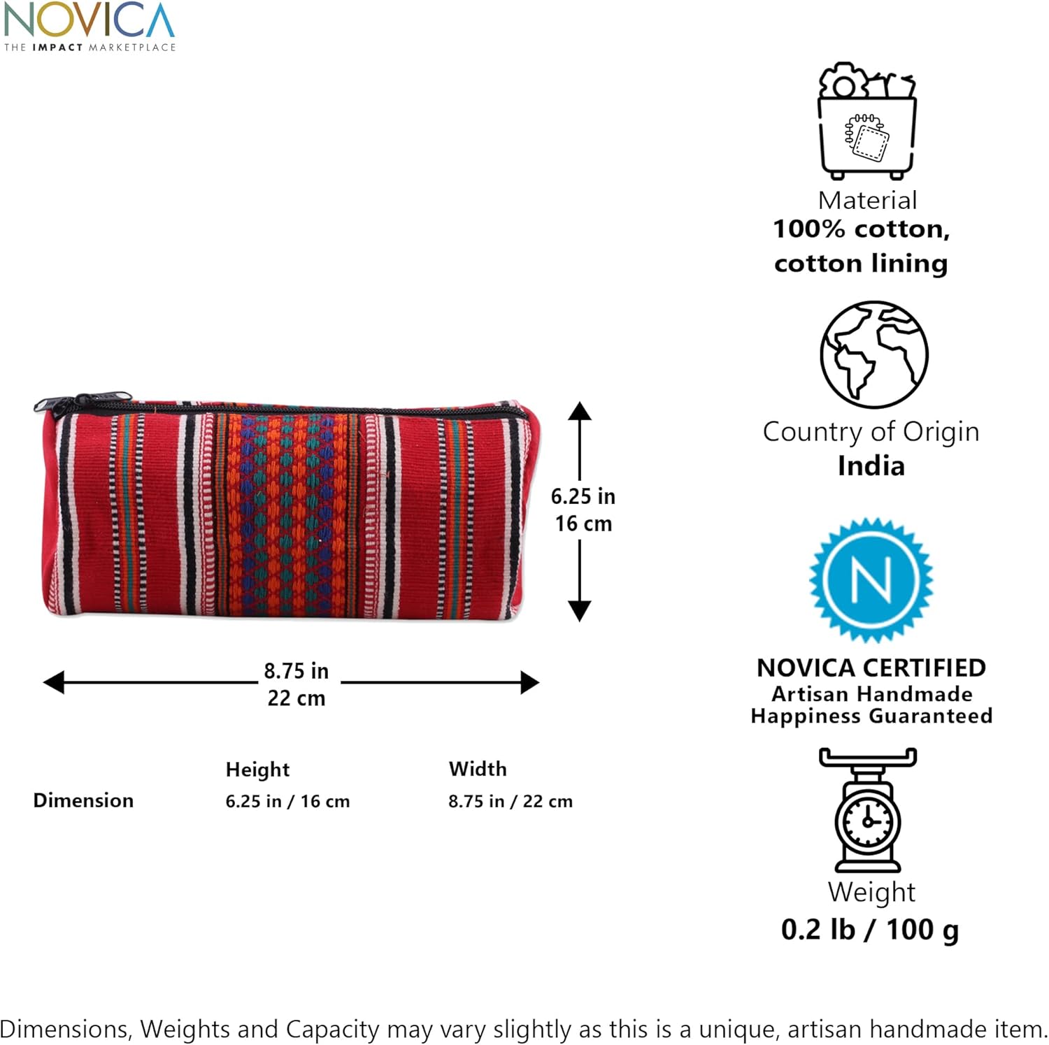 NOVICA Artisan Handmade Cotton Cosmetic Case Woven 100% Multicolor from India Handbags Red Patterned ' Adventure in Red'