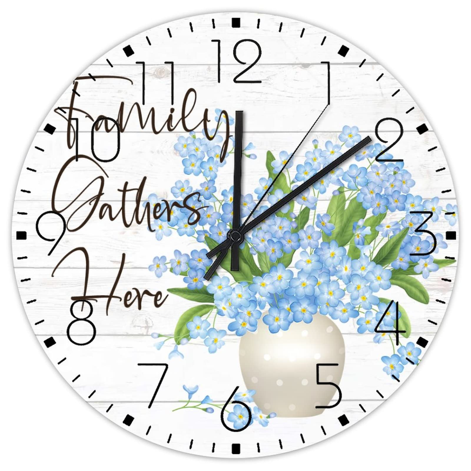 Horloge murale en bois rustique ronde avec fleurs de campagne pour la maison