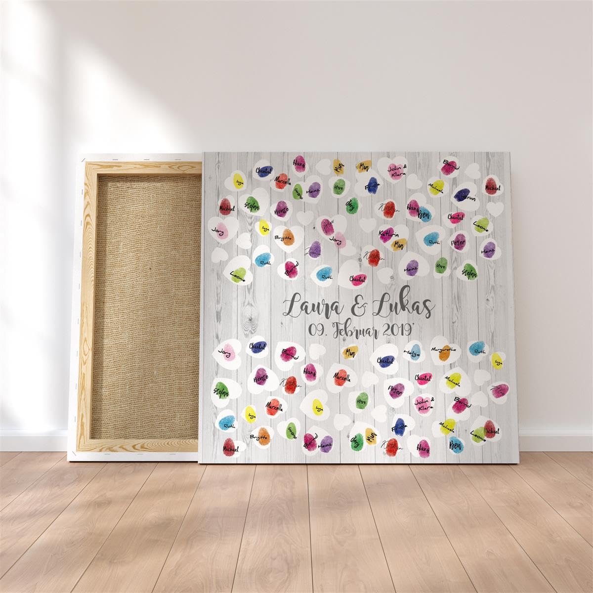 Madyes Płótno ślubne, księga gości z drewna i serca dla pary młodej, jako prezent, dekoracja ślubna, imiona z datą, wymiary 50 x 50 cm, na blejtramie drewnianym