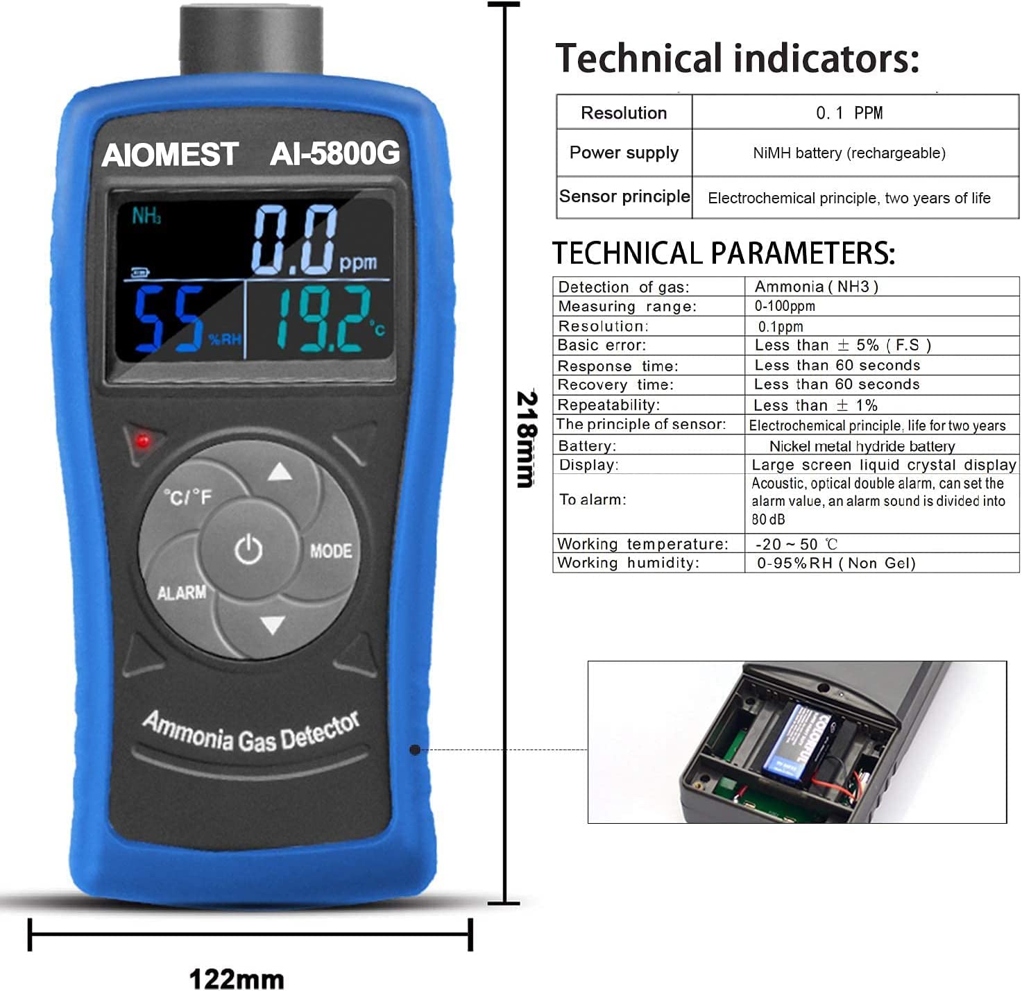 Rilevatore Gas Ammoniaca AIOMEST AI-5800G con Allarme | Misuratore 0-100 ppm Amoniaca, Umidità e Temperatura | per Pollai, Cantina e Ambienti Industriali