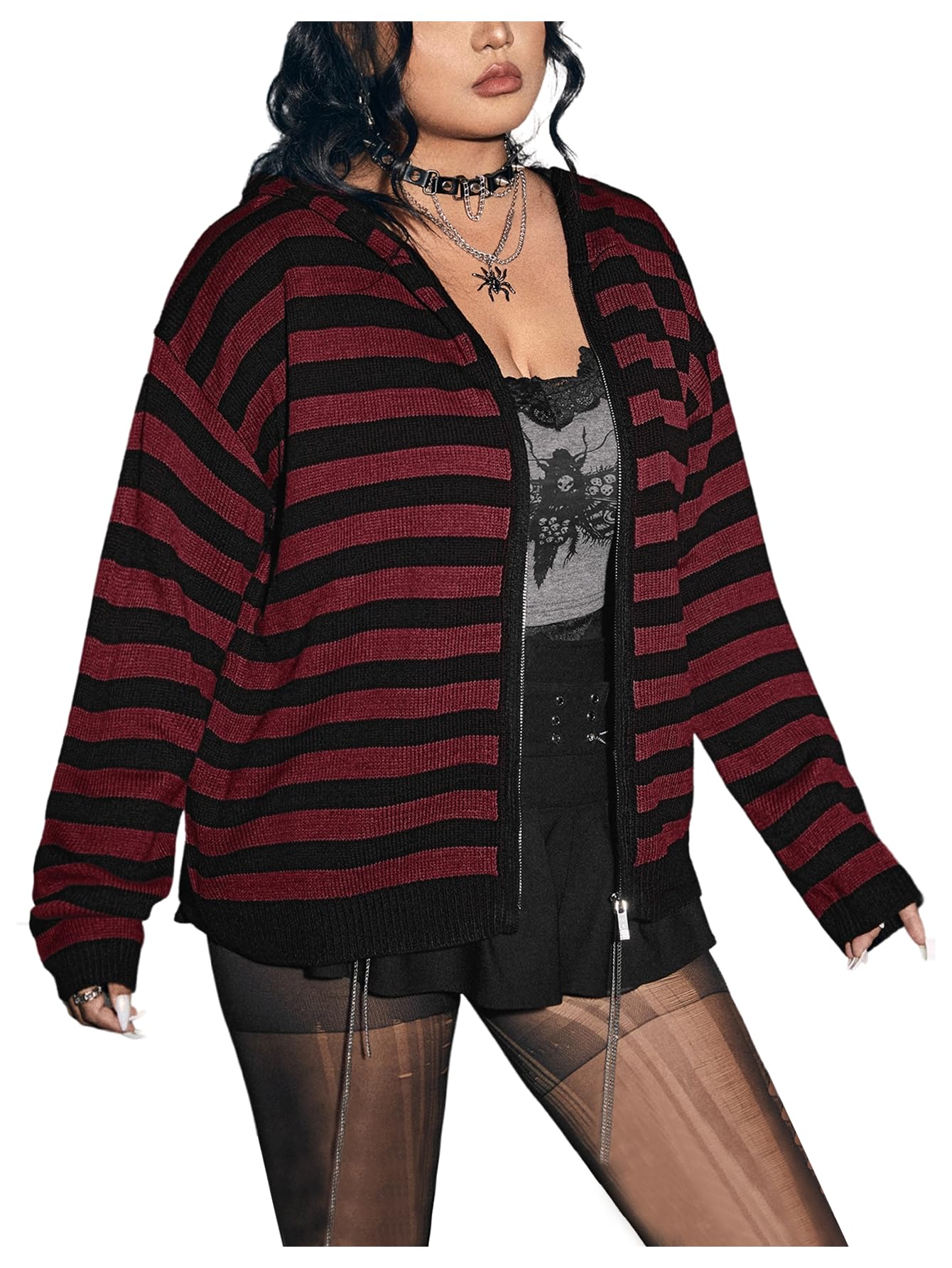 BEAUDRM Women's Plus Size Striped Cardigan Sweater Goth Grunge Zip Up Sweater Hoodies Long Sleeve Drop Shoulder Hoodie: XX-Large Plus Burgundy