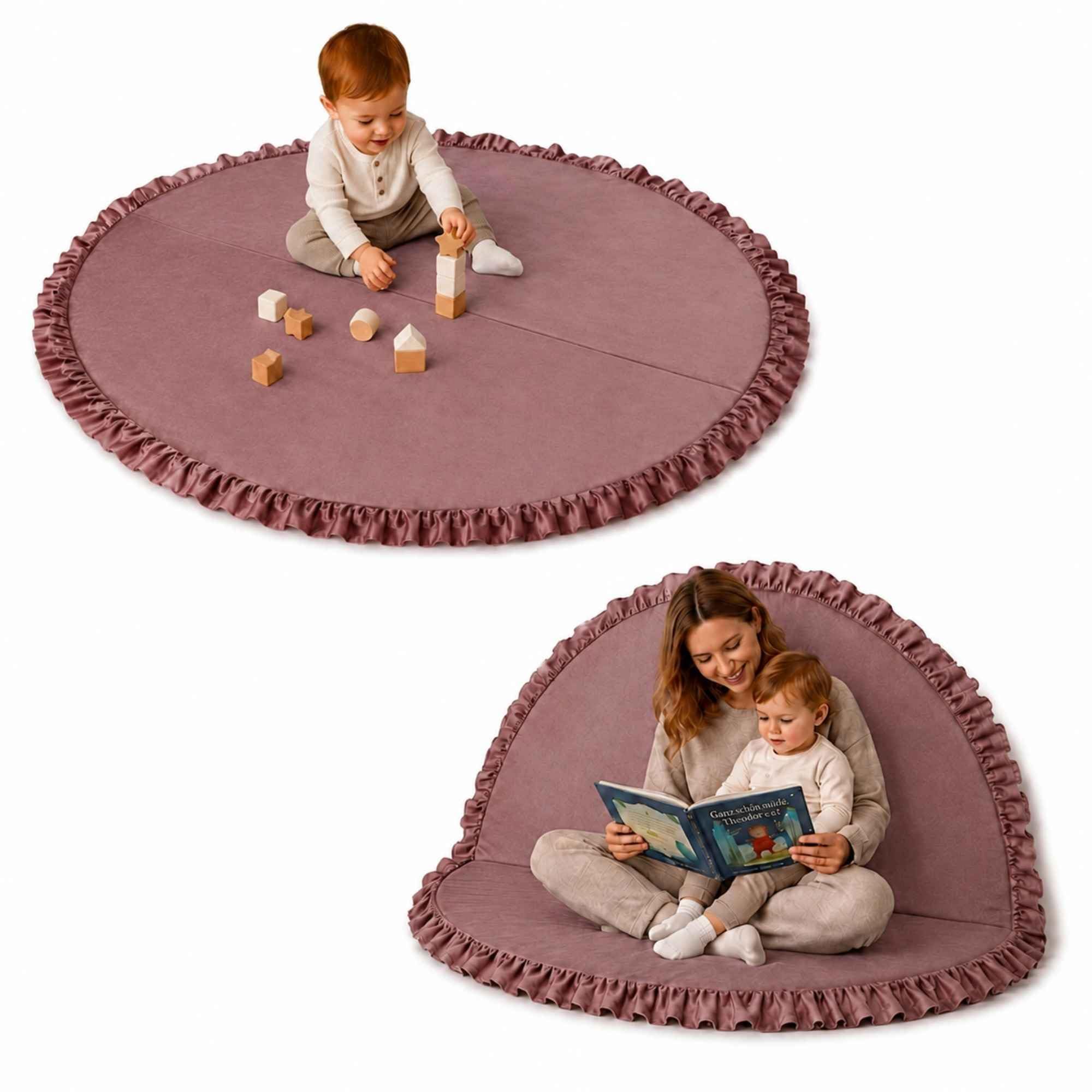Liya's World Baby Spielmatte Rund, Pink, mit Rüschen | Ø 154cm, Faltbare Krabbelmatte/Babymatte, Aus Samt, Für Kinderzimmer & Babyzimmer, Waschbar & Gepolstert