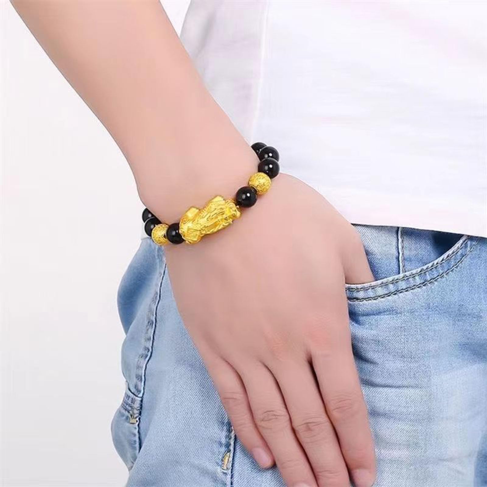 FengShui und Glück Feng Shui schwarzer Obsidian Reichtum Armband Wohlstand Buddha Perlen elastische Armbänder für Frauen Männer Schmuck