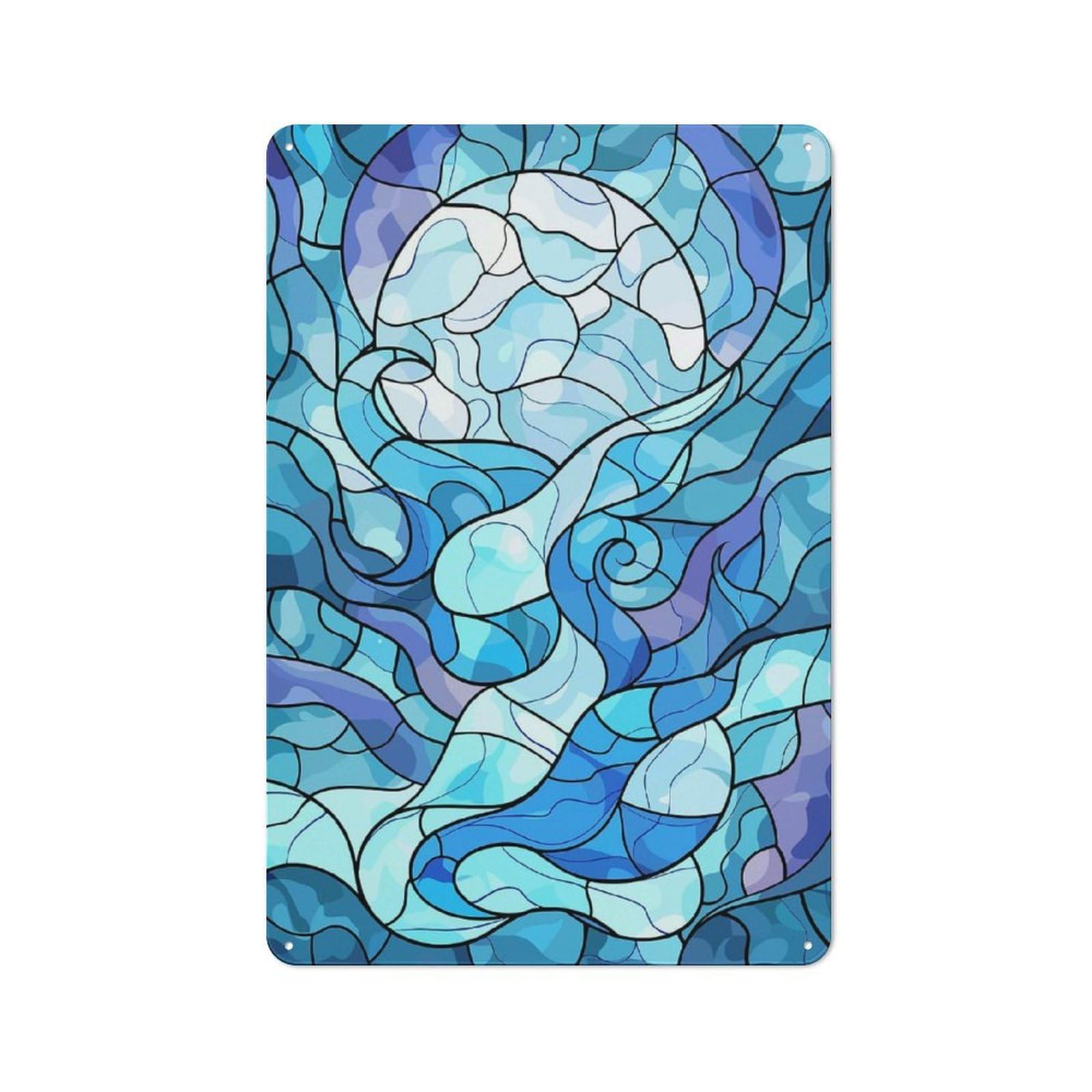 Junmoney Style-19 For Café Or Restaurant, Abstract Blue Stained Glass Waves Retro Metal Sign 30X20cm, Gift For Café Owners And Decorators During The Christmas Season