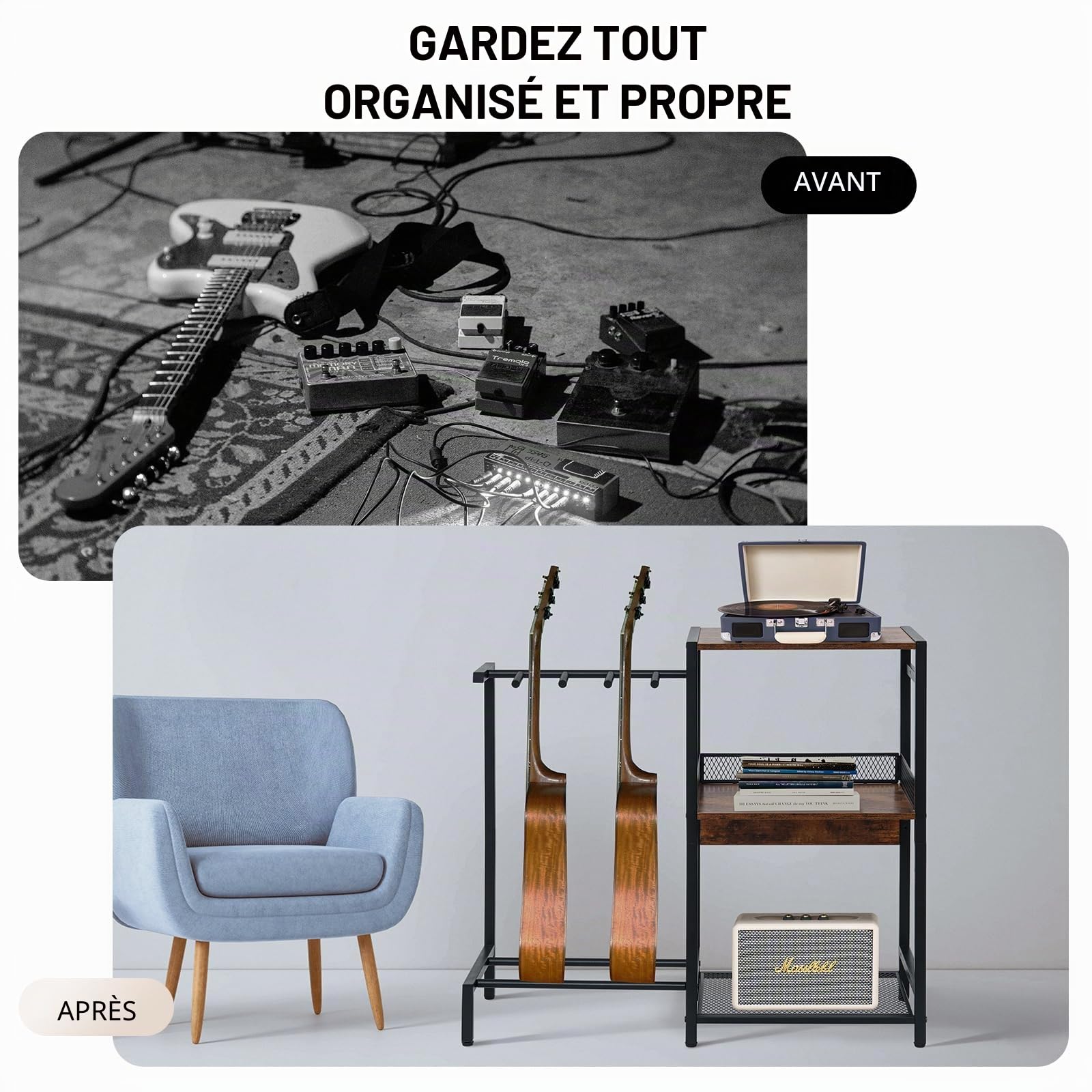 Support de guitare, support multi-guitares jusqu'à 3, lecteur de disque vinyle 3 niveaux, acoustique, basse, ukulélé, ampli, platine